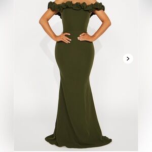 Olive green ruffle off the shoulder floor length gown
New with tags